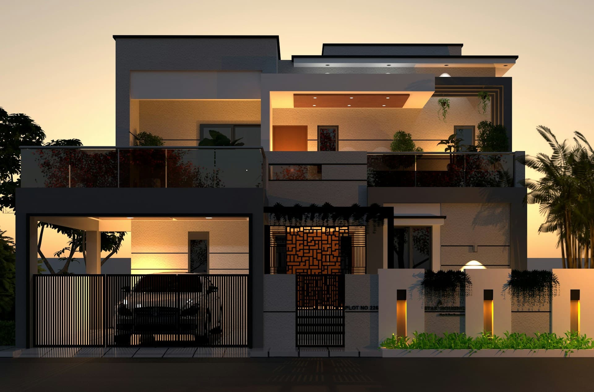 Modern two-storey house lit at dusk